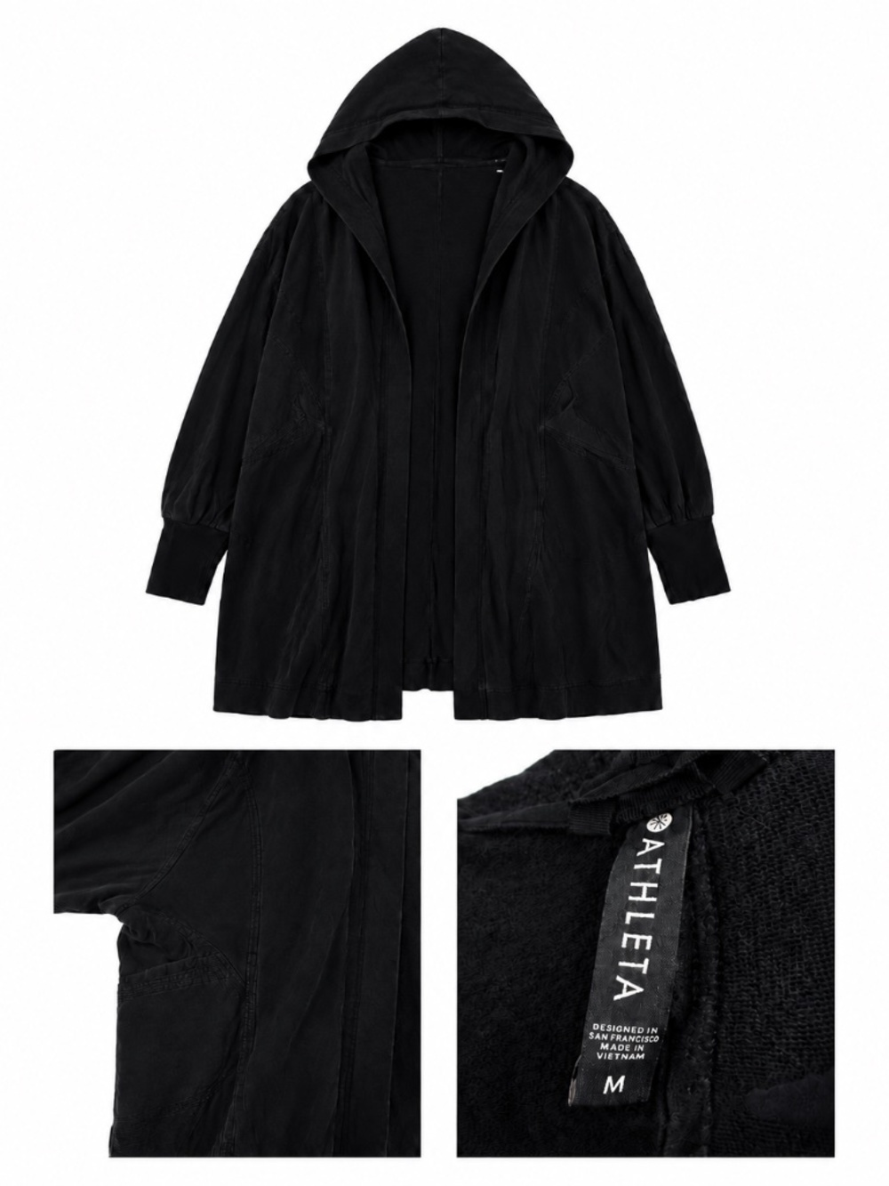 Athleta Black Long Hooded Open Front Cardigan Wrap Size M